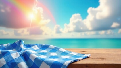 Blue gingham cloth, wooden table, rainbow sky , bright, blue