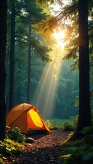 Sunlight dappling through forest canopy on campsite , branches, landscape