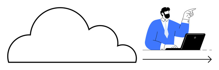 Professional man gestures toward cloud outline and arrow, symbolizing data transfer and cloud technology. Ideal for business, communication, network, technology, innovation, progress, simple flat