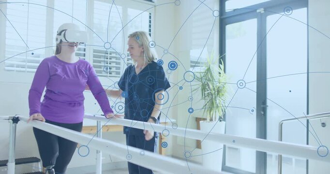 Female patient lifting VR headset initiating digital interface while therapist guiding rehab steps