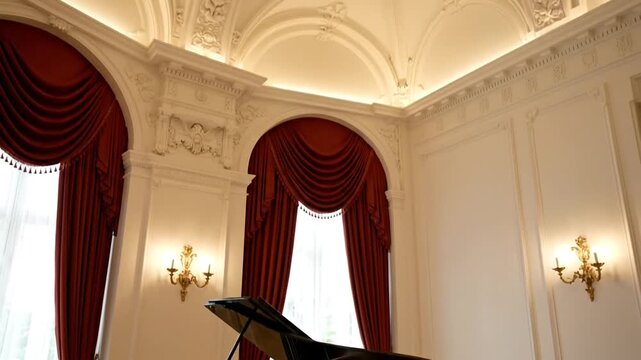 Grand Piano Room with Ornate Architecture and Red Curtains.