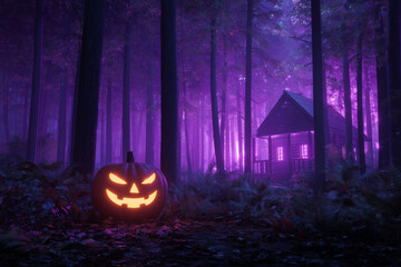 3D Glowing Jack-o’-Lantern in Foggy Forest with Cabin on Purple Background