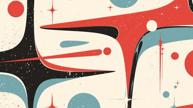Abstract graphic design with mid-century modern aesthetic, featuring bold shapes, pops of color, and scattered stars - Powered by Adobe