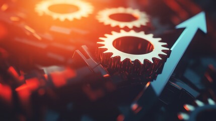 Close-up of metallic gears and an upward arrow, suggesting progress and industry