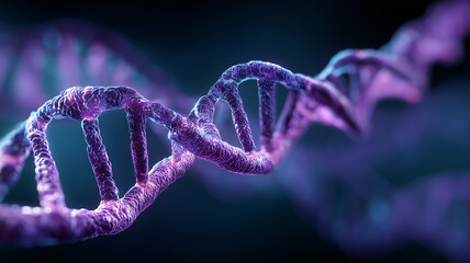 Macro view of a DNA double helix representing heredity information and biological code, symbolizing research into the blueprint of life and scientific discovery.
