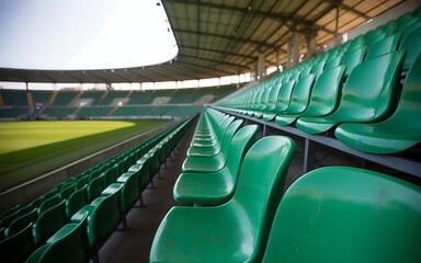 Empty green stadium seats offer a serene view of the field a silent anticipation for future games and sporting events