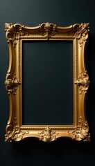 Square antique gold frame, intricate baroque carvings Black backdrop , black, square