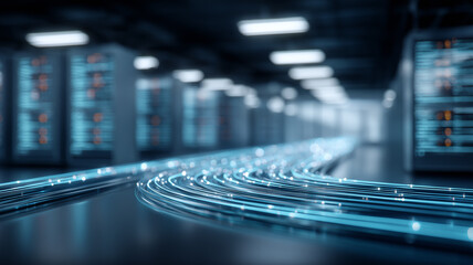 Fiber optic lines flowing through a data center hall, visualizing high speed information transfer cloud operations and the reliability of modern network infrastructure.
