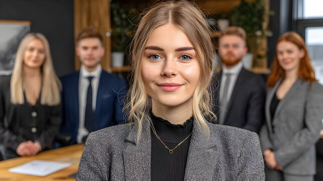 Portrait of a successful female team leader, a smiling young professional businesswoman standing proudly in front of her colleagues at the office