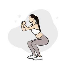 Woman wearing leggings and doing muscle workout. Hand-drawn exercise-related vector elements
