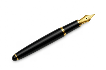 Elegant black and gold fountain pen on transparent background