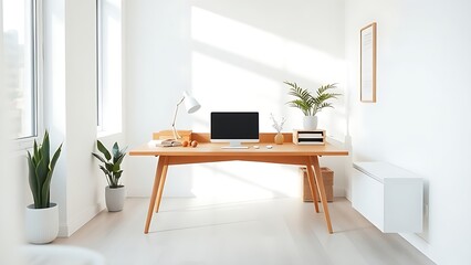 Minimalist wooden desk in a bright office corner with clean white decor and natural lighting.