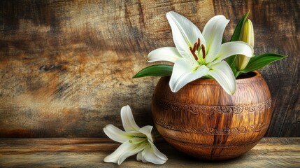Fototapeta premium White lilies in a wooden bowl on a rustic wooden background