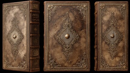 featuring a classic vintage style book cover design with engravings in three parts: front, middle and back.