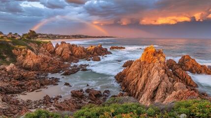 Coastal rocks, rainbow, dramatic sky, ocean waves