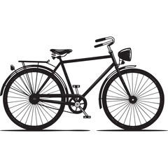 A black and white illustration of a vintage bicycle with a headlight on a white background