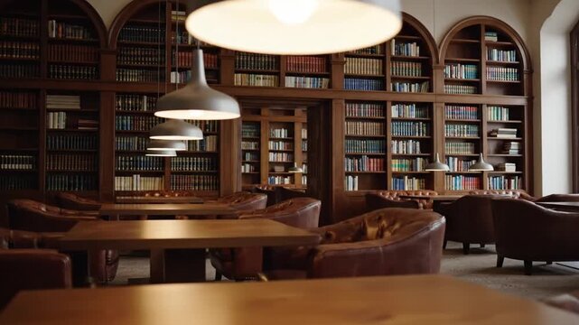 Cozy study area in a traditional library with leather chairs and extensive bookshelves.