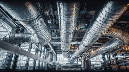 Industrial HVAC ventilation ducts across a facility ceiling conveying engineered airflow for reliable climate control and efficient building operations.
