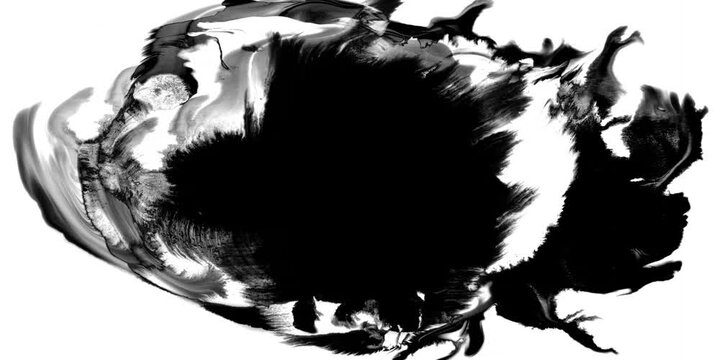 Abstract ink splatter transition in black and white seamless loop. Turbulent painting blot spreading from the center in this contemporary reveal 3D animation.