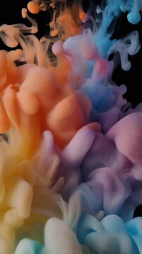 Vertical 9:16 artistic video of colorful ink swirling in clear water, smooth fluid motion, vibrant gradients, macro close-up, high detail, soft slow-motion effect.