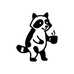 Black and white cartoon raccoon holding a steaming coffee cup