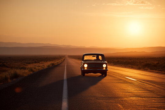 Fototapeta A vintage car driving down a deserted highway at sunset, its headlights piercing the fading light, conveying freedom and introspection.