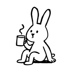 Simple black line drawing of a rabbit holding a mug of steaming hot drink