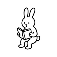 Simple black line drawing of a rabbit reading a book