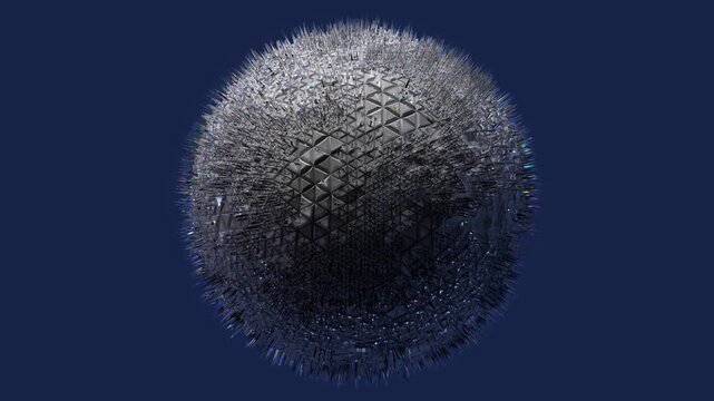 3d render of abstract art video animation with surreal ball sphere cyber planet based on an octagonal triangle shape pattern with growth transformation process with small sharp diamond crystal spikes