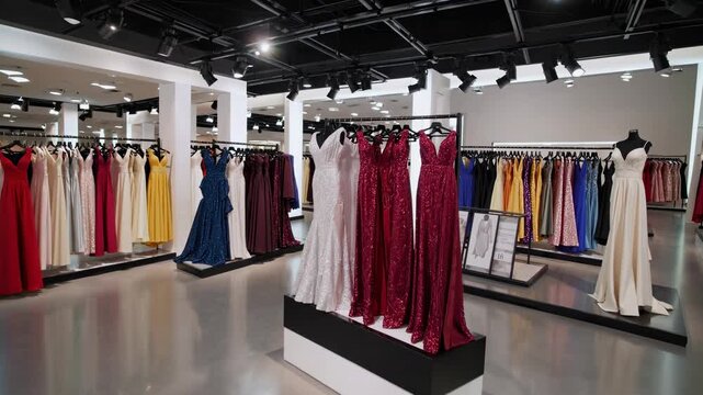 Wide-angle video shot of a modern boutique showcasing elegant evening gowns on racks, with a sleek, polished floor and bright lighting.