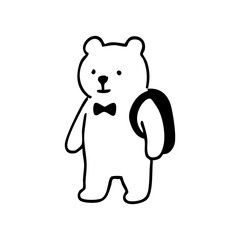 Simple black line drawing of a white bear wearing a bow tie and carrying a backpack