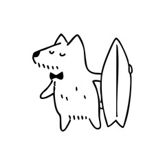 A dog wearing a bowtie, next to a surfboard