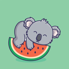 Cute Koala Bear Napping on a Watermelon Slice Adorable Cartoon Mascot Character Sleeping and Relaxing on the Summer Fruit