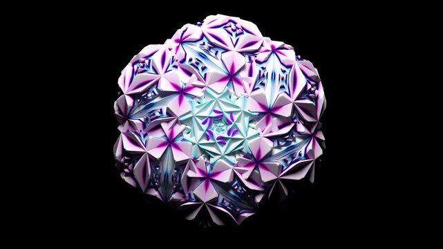 3d render of abstract art video animation with surreal fractal cubical symmetry object in rotation transformation process based on triangles pyramids geometry shapes in white plastic in multi color