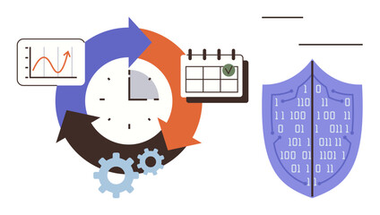 Circular arrows, clock, gears, calendar, and graph represent workflow and time management concepts. Shield with binary code highlights data security. Ideal for productivity, cybersecurity