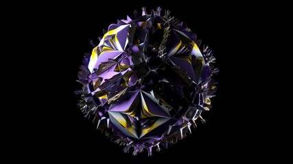 3d render video of abstract art of surreal futuristic computer 3d fractal transformed cube based on geometry polygon triangles in purple yellow and blue color on black background - Powered by Adobe
