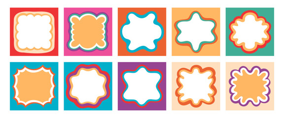 Groovy rectangle bubble frames in retro outline style create a playful border set. Wavy shape and y2k burst border form bold abstract background with trendy outline and fun visual impact.