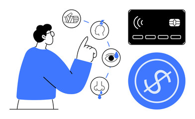 Person interacts with sensory icons and digital payment card beside bold dollar symbol. Ideal for fintech, technology, sensory perception, innovation, finance, user experience, education