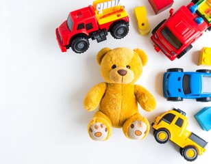 Colorful children's toys on white background