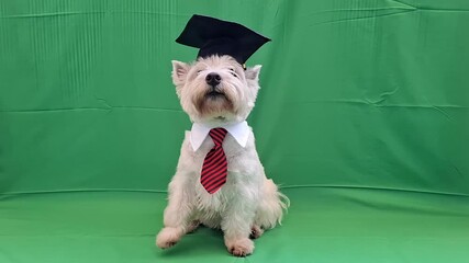 A joyful dog wearing a graduation cap and a red striped tie sits confidently against a green backdrop, exuding pride during a fun graduation-themed event.