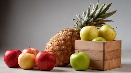 Fresh apples and pineapple in wooden crate healthy lifestyle food design composition inspiration nutrition