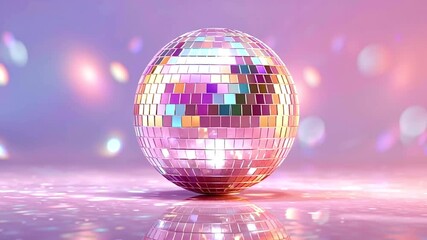 Pink disco ball slowly spinning on a reflective surface, with colorful confetti falling in the background, creating a festive and celebratory atmosphere - Powered by Adobe