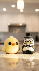 Obraz premium Cute fluffy chick and an owl figurine in a tuxedo on a reflective surface