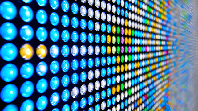 An abstract close-up view of a vibrant LED screen showing individual glowing diodes. A colorful technological background with a shallow depth of field