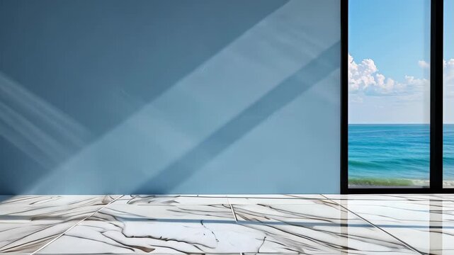 Ocean View Through Window: A serene coastal view beckons through a modern window, with the azure ocean stretching to the horizon. The interior space is minimalistic.