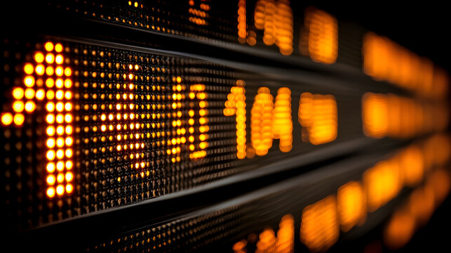 A selective focus on an electronic LED stock market ticker with glowing orange numbers and an upward arrow indicating positive financial growth and trading