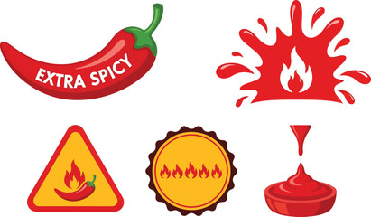Collection of spicy food and hot sauce icons including chili peppers, flame symbols, and warning signs.