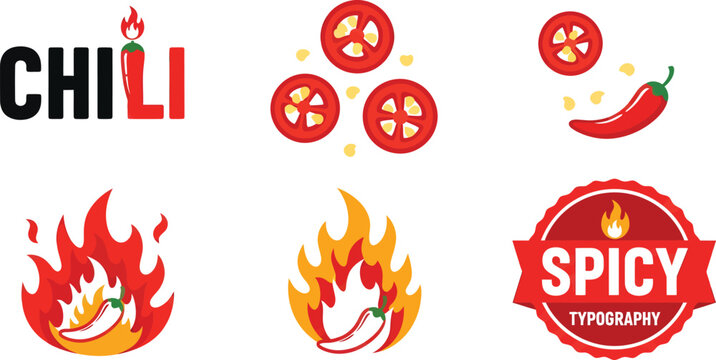 Collection of chili pepper-themed designs, including text, flames, and sliced tomatoes, perfect for food-related branding.