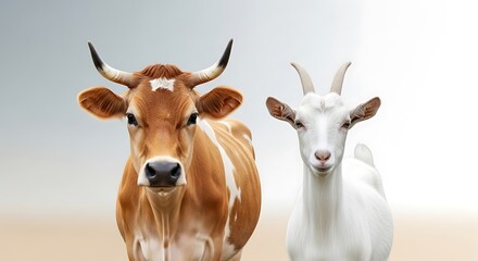 A brown and white cow and a white goat standing side by side