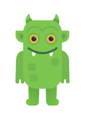 Fototapeta premium Green Monster Cartoon with Horns and Fangs